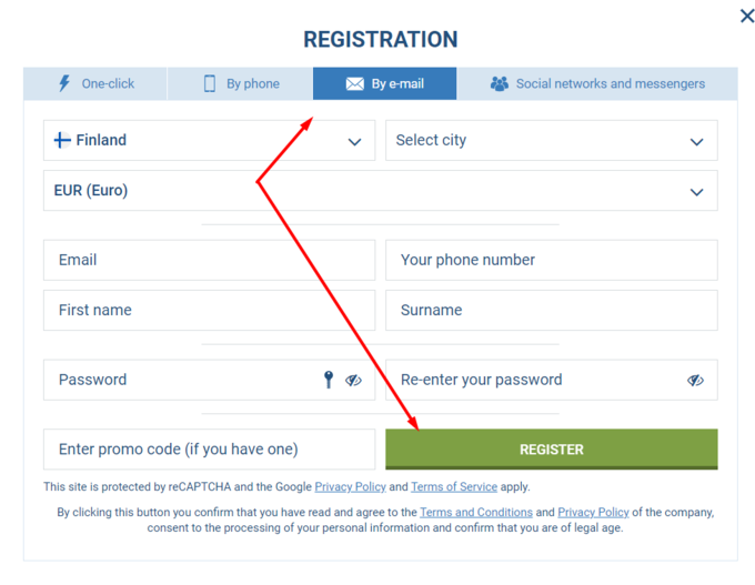 Регистрация 1хбет по email