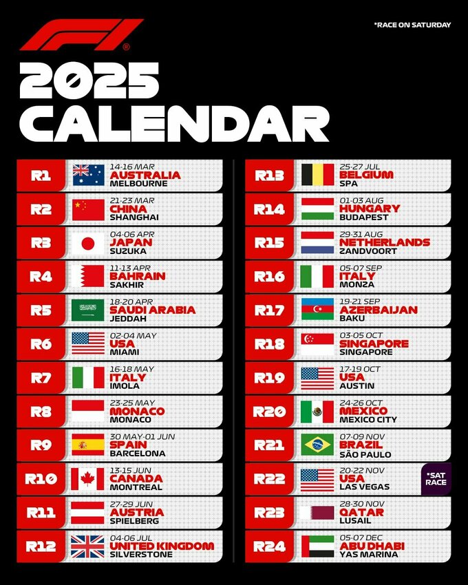 Формула-1 оголосила календар гонок на сезон 2025: 24 заїзди та зміна місця старту
