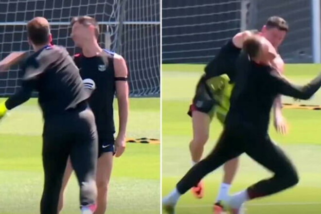 ВИДЕО. Игрок Барсы ударом в челюсть завалил Левандовски. Тот отомстил