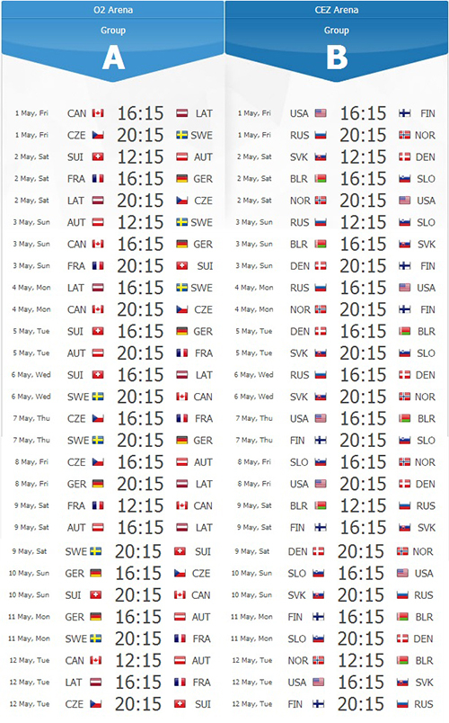 Расписание матчей чемпионата мира 2015 по хоккею